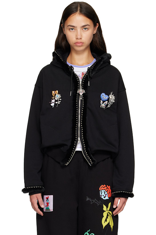 Black Fuzzy Pearl Zip Hoodie