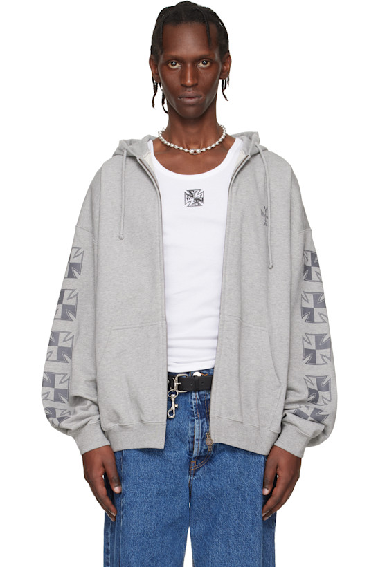 Gray Biker Cross Sleeves Zip-Up Hoodie