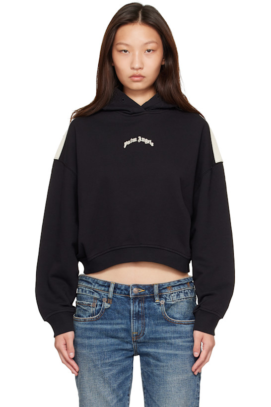 Black Curved Logo Loose Crop Hoodie