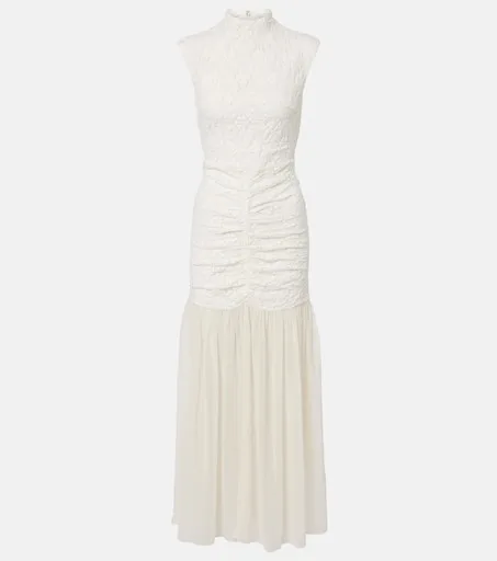Ruched lace-trimmed maxi dress