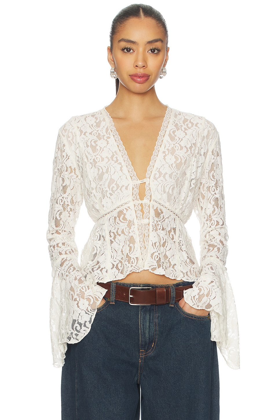 Free People Whispering Love Lace Top in Tofu