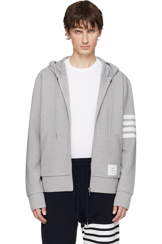 Gray Cotton Ottoman 4-Bar Zip Hoodie