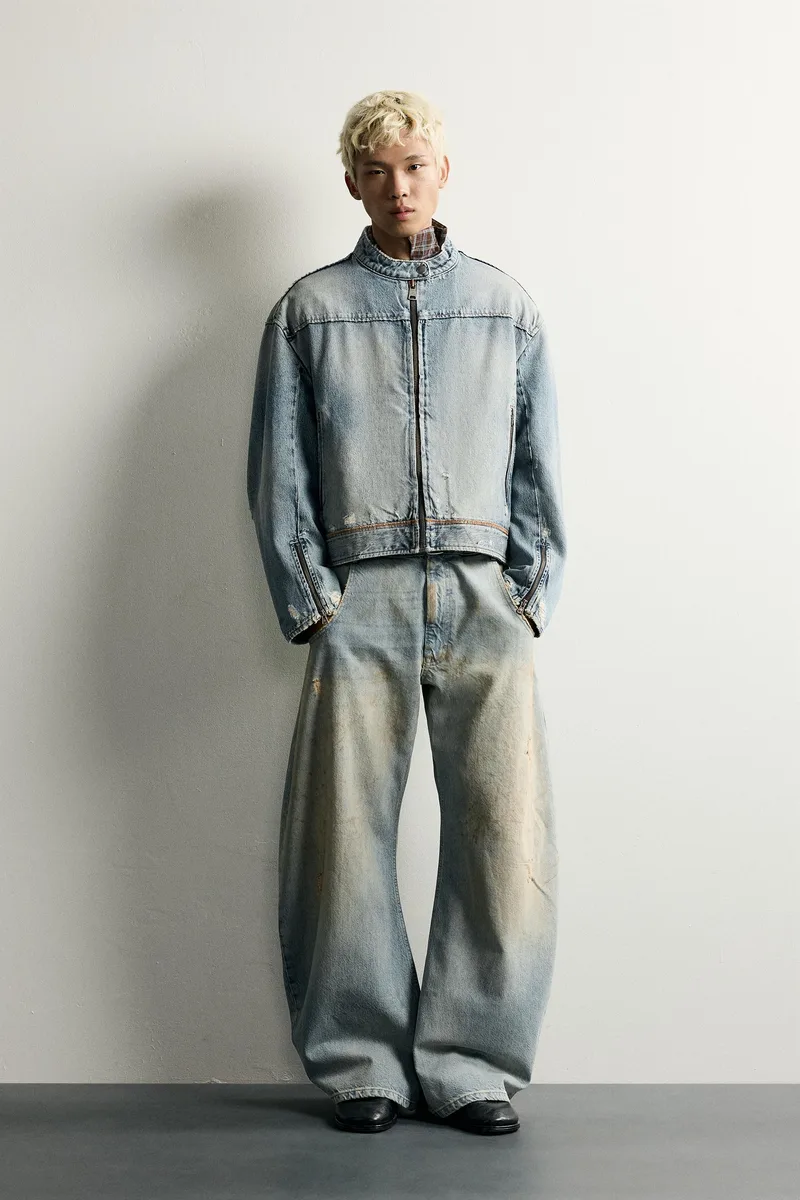 CROPPED DENIM BIKER JACKET