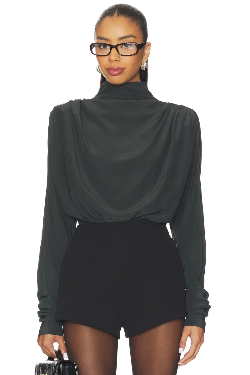 EAVES Saeunn Drape Neck Blouse in Caviar