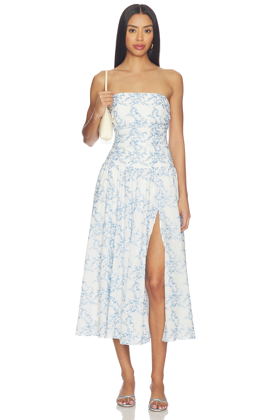 MAJORELLE Olenna Midi Dress in White & Blue