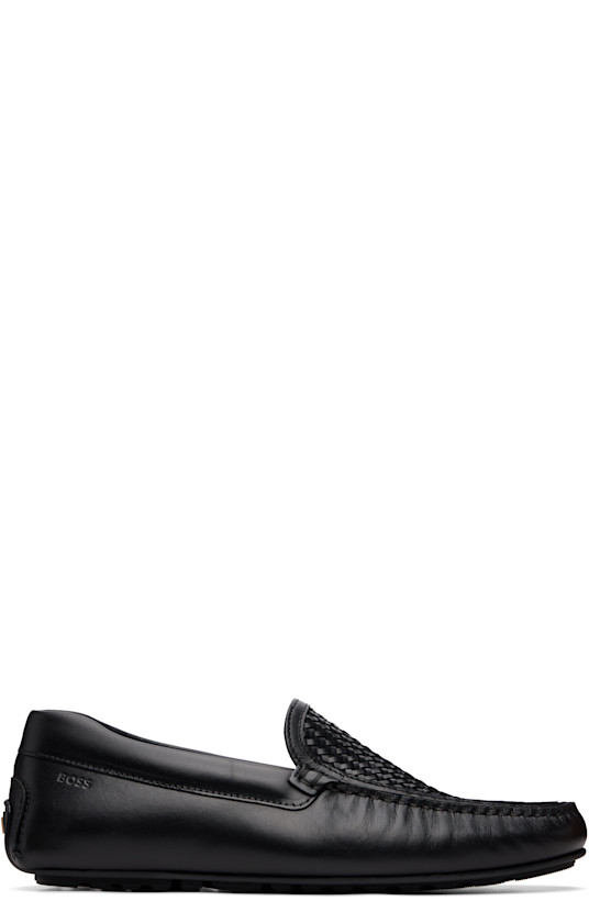 Black Woven Vamp Leather Loafers