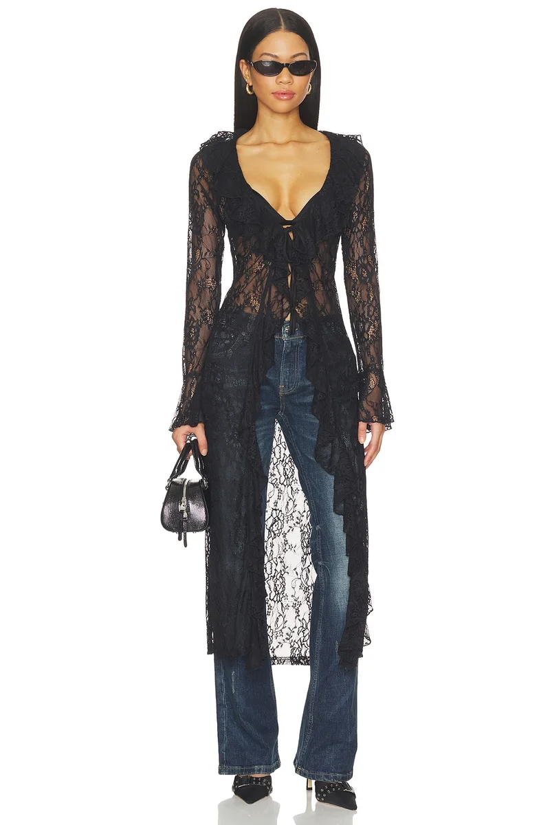 MORE TO COME Alisia Duster Top in Black Lace