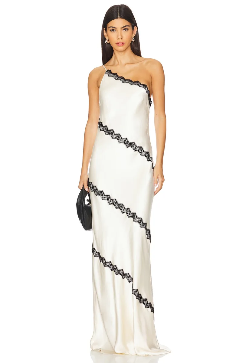 Shona Joy Camille Lace Asymmetrical Maxi Dress in Cream/Black