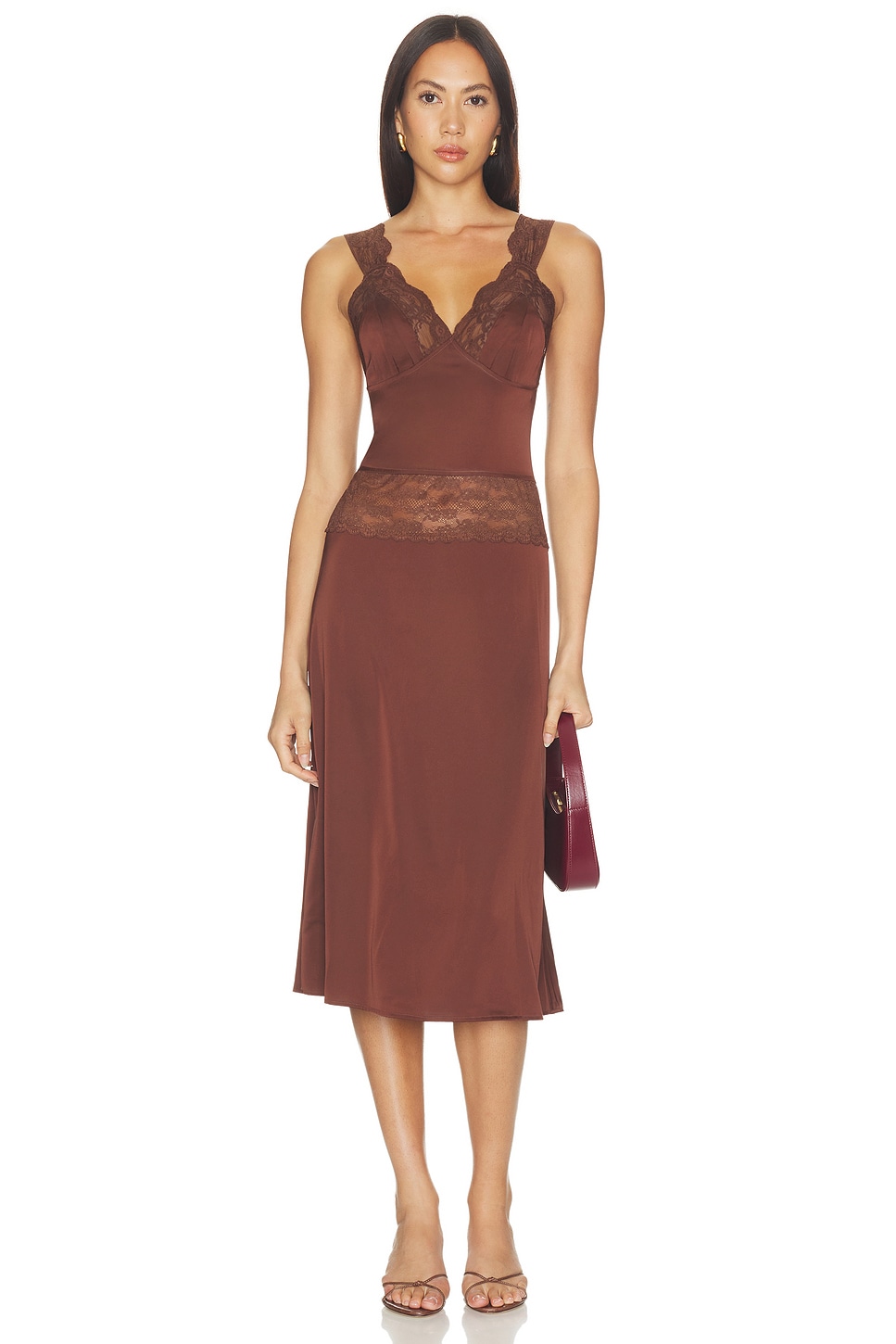 MORE TO COME Georgianna Lace Midi Dress in Brown