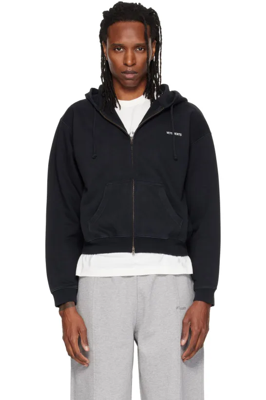 Black Classic Logo Fitted Zip Up Hoodie