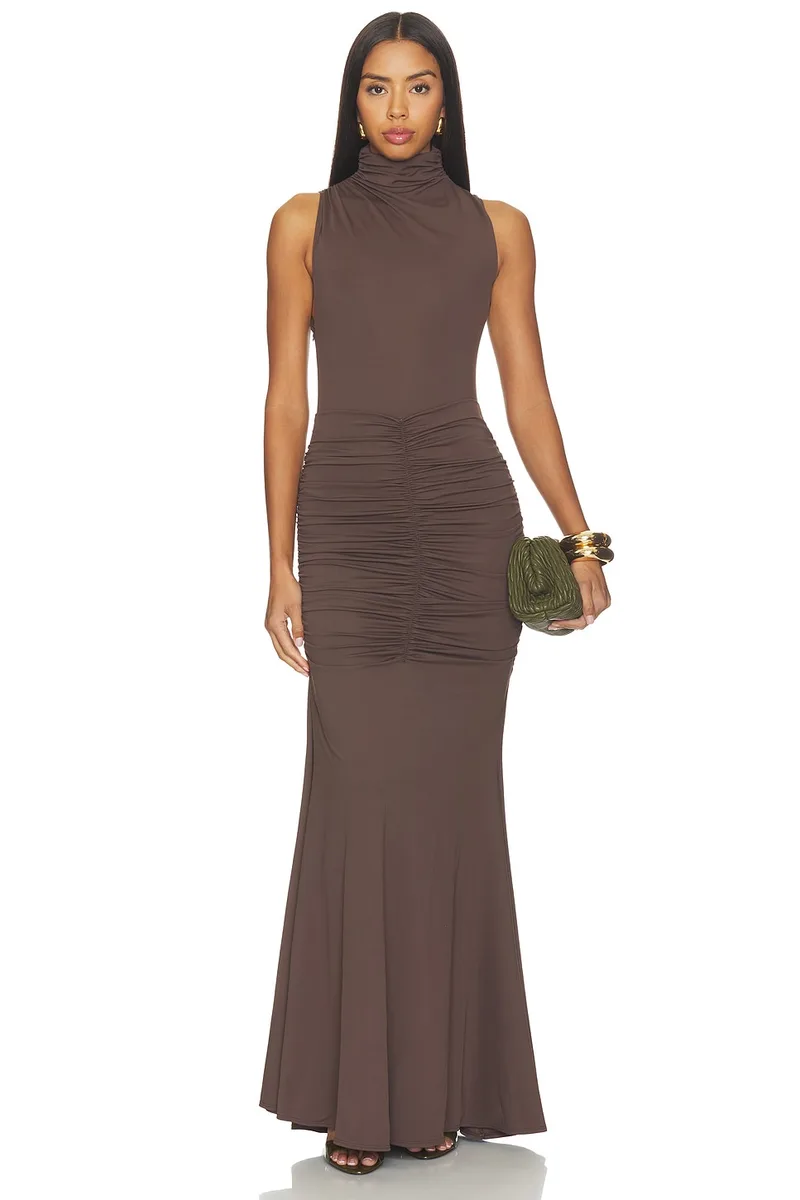 OW Collection Elina Maxi Dress in Chocolate Brown