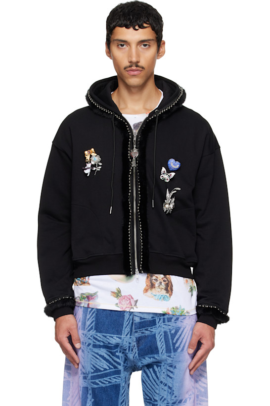 Black Fuzzy Pearl Zip Hoodie