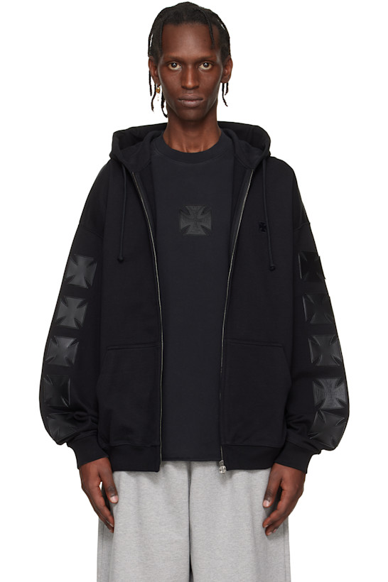Black Leather Biker Cross Zip-Up Hoodie