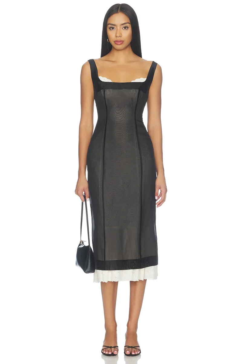 LPA Navira Midi Dress in Black And Ivory