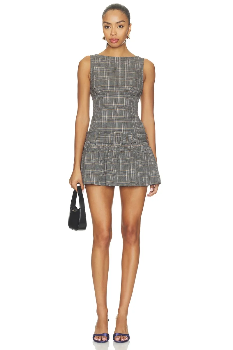 MAJORELLE Lara Mini Dress in Grey Multi Plaid