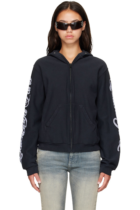 Black Cursive Zip-Up Regular Fit Hoodie