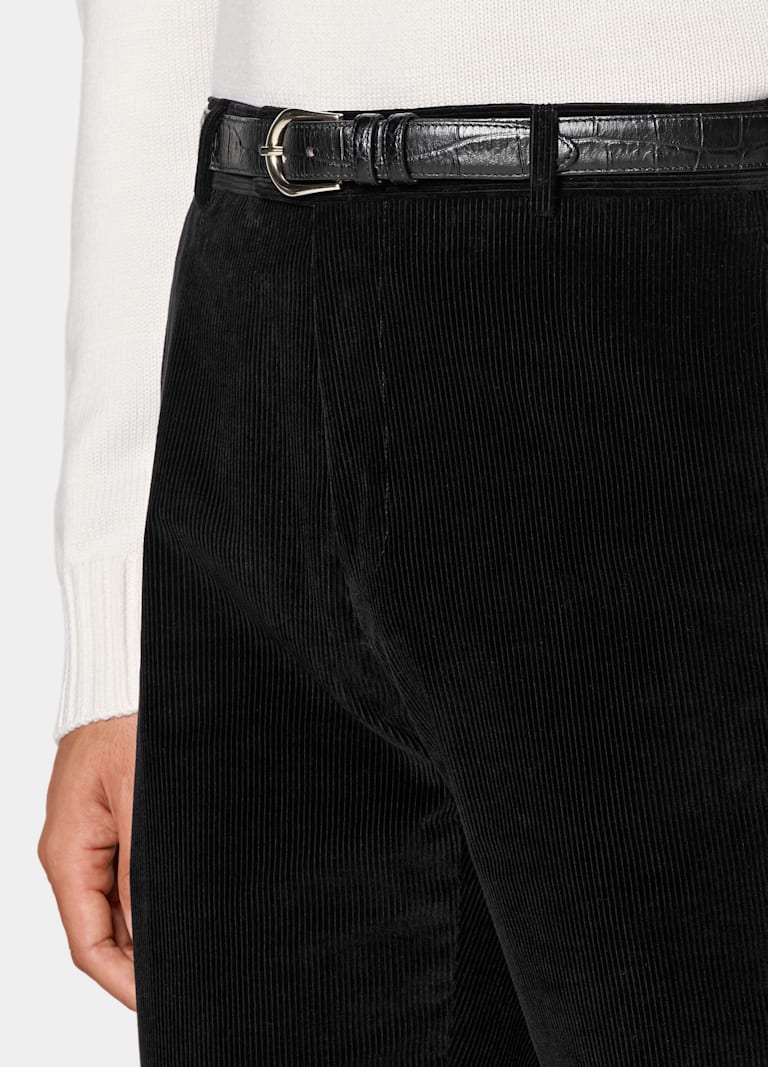 Black Straight Leg Pants in Pure Cotton Corduroy - Image 2