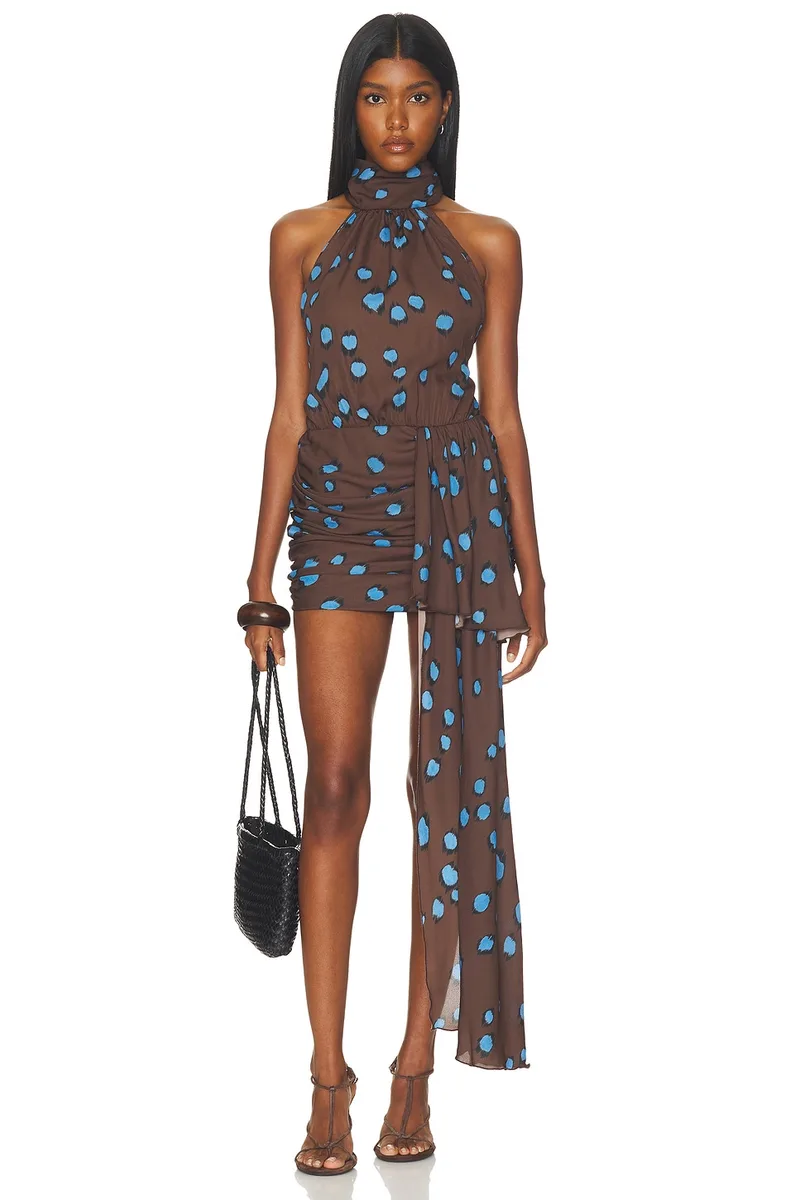 Rowen Rose Halter Mini Dress in Brown & Blue Print