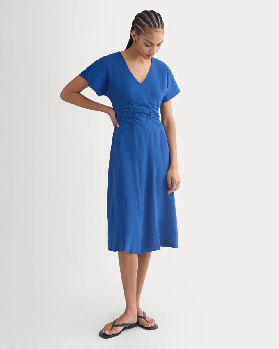 Cinched Dress in Stretch Linen | Estate Blue
