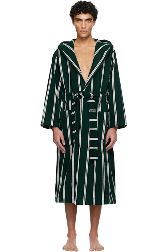 Green & White Terry Hooded Bathrobe