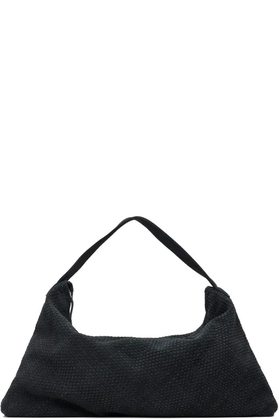Black Suede Woven Shoulder Bag