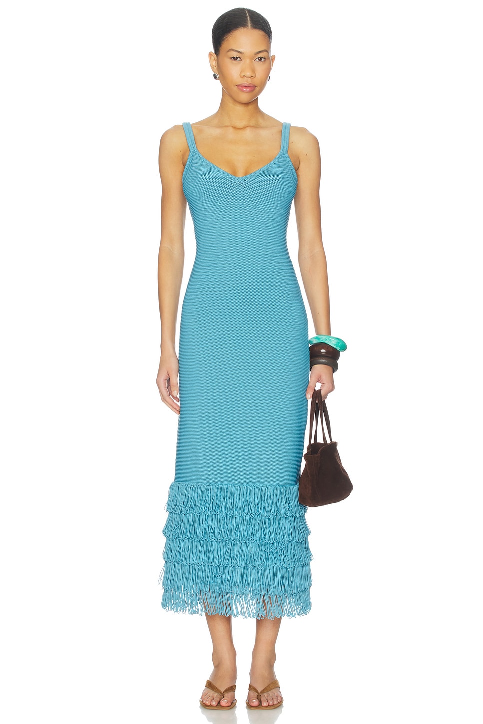 AMUR Decker Fringe Midi Dress in Waterfall