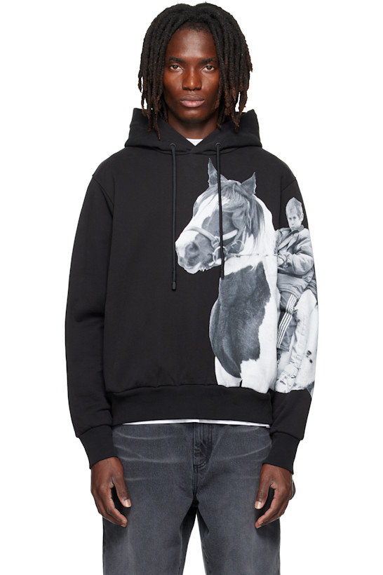 Black Boxy Pony Kid Print Hoodie