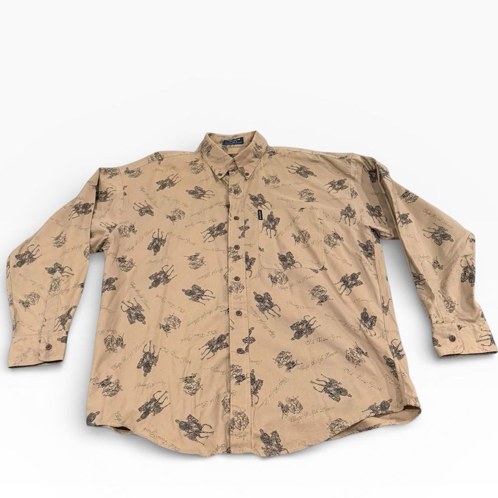 Vintage 90s Chaps Ralph Lauren Western Horse Print Button Down Shirt L - Image 6