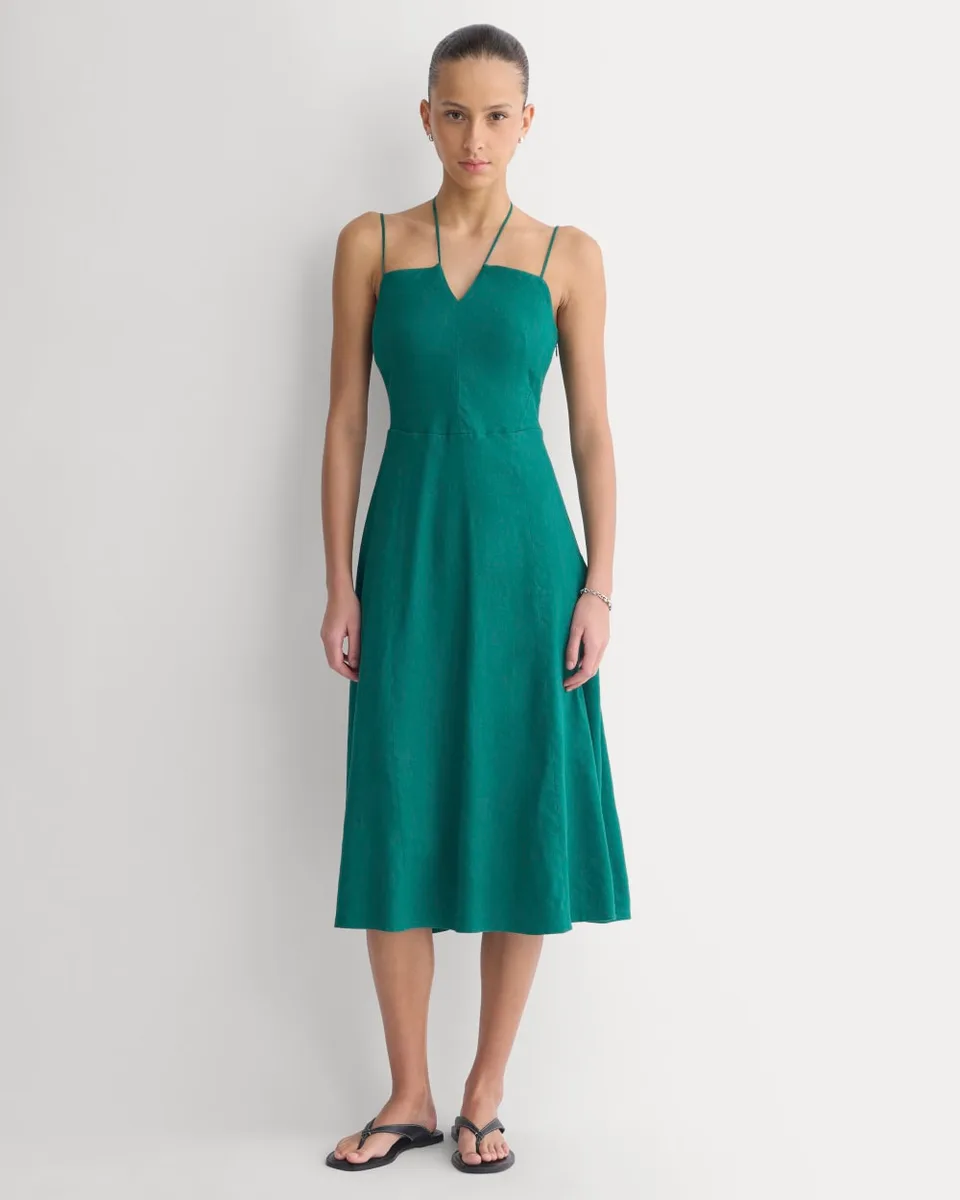 Tie-Neck Dress in Stretch Linen | Evergreen