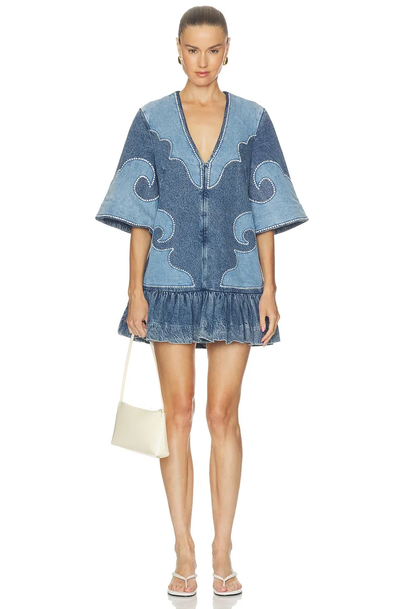 Alemais Jesse Denim Applique Mini Dress in Blue