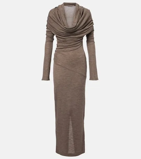 Draped semi-sheer wool maxi dress