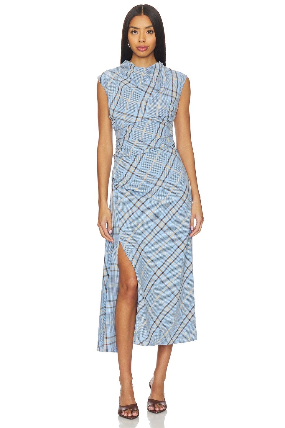 SIMKHAI Burke Draped Midi Dress in Horizon Plaid