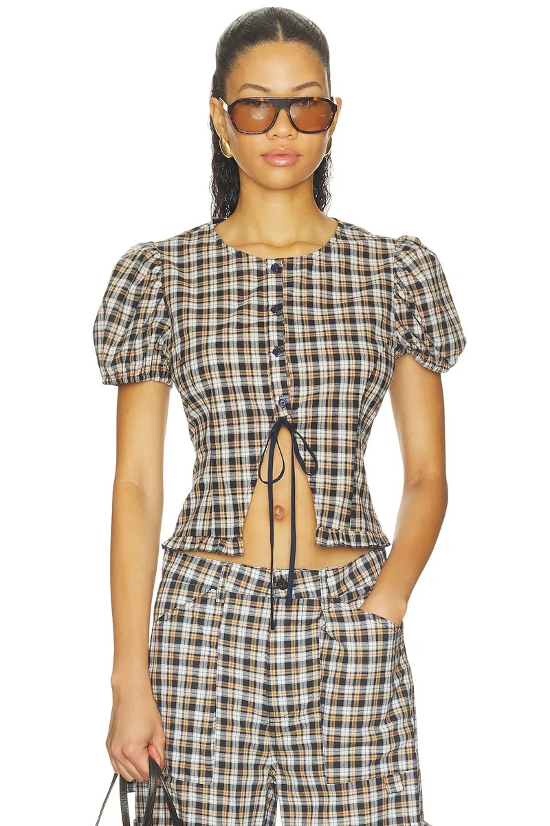 LIONESS Bardot Top in Beige Tartan