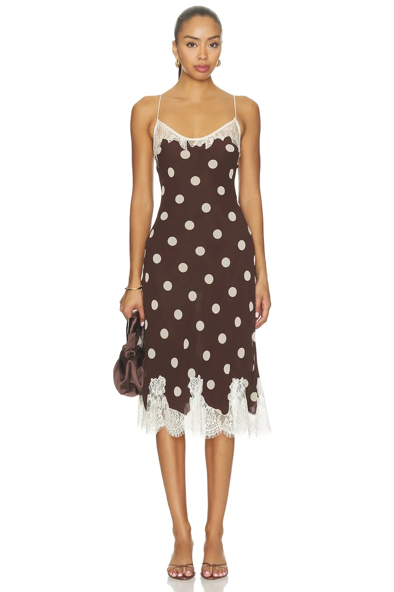 LPA Kella Midi Dress in Dark Brown & Cream Dot