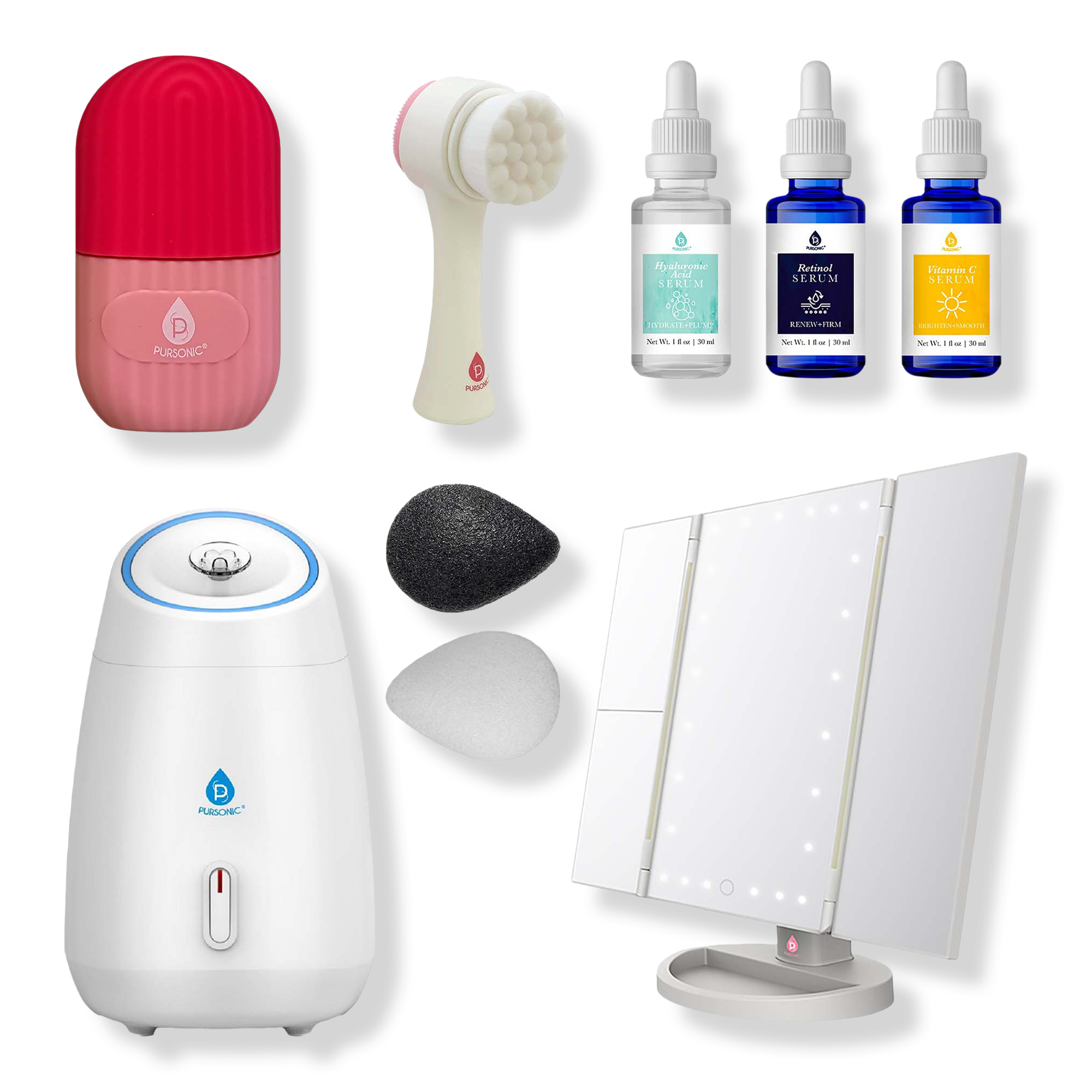 PURSONIC Facial Steamer, Tri-Fold Vanity Mirror, Anti-Aging Serum Set