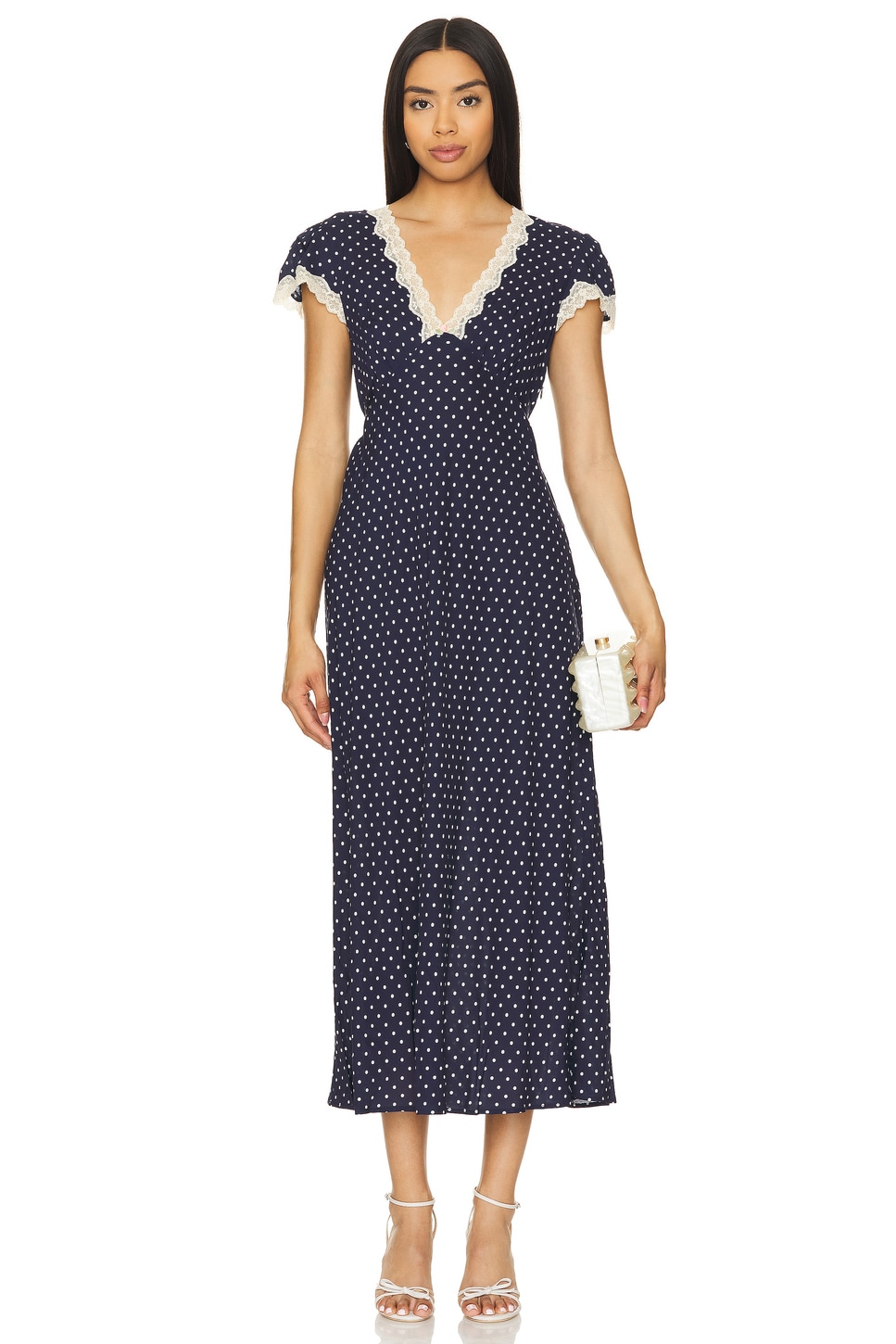 RIXO Clarice Dress in Navy Polka Dot