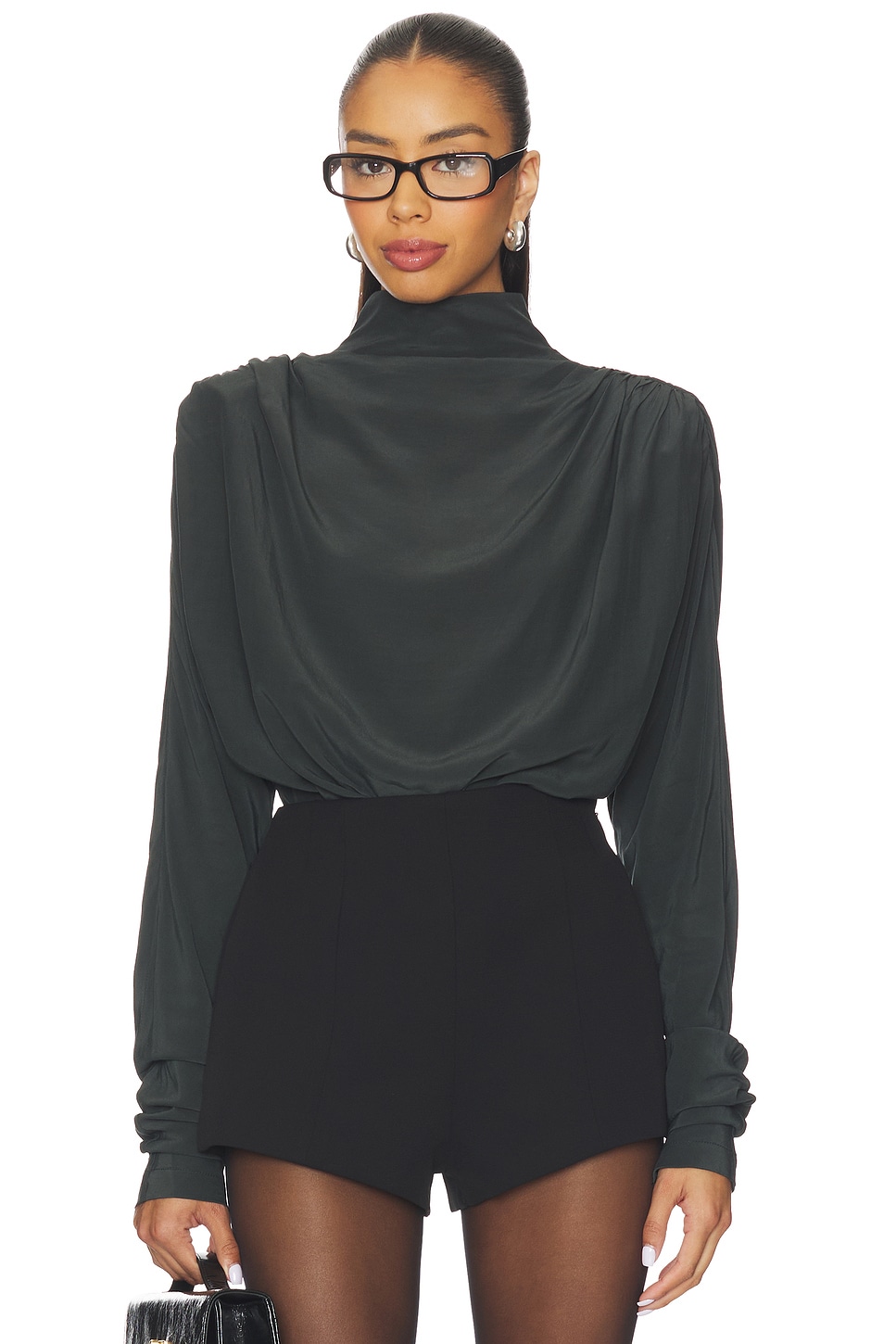 EAVES Saeunn Drape Neck Blouse in Caviar