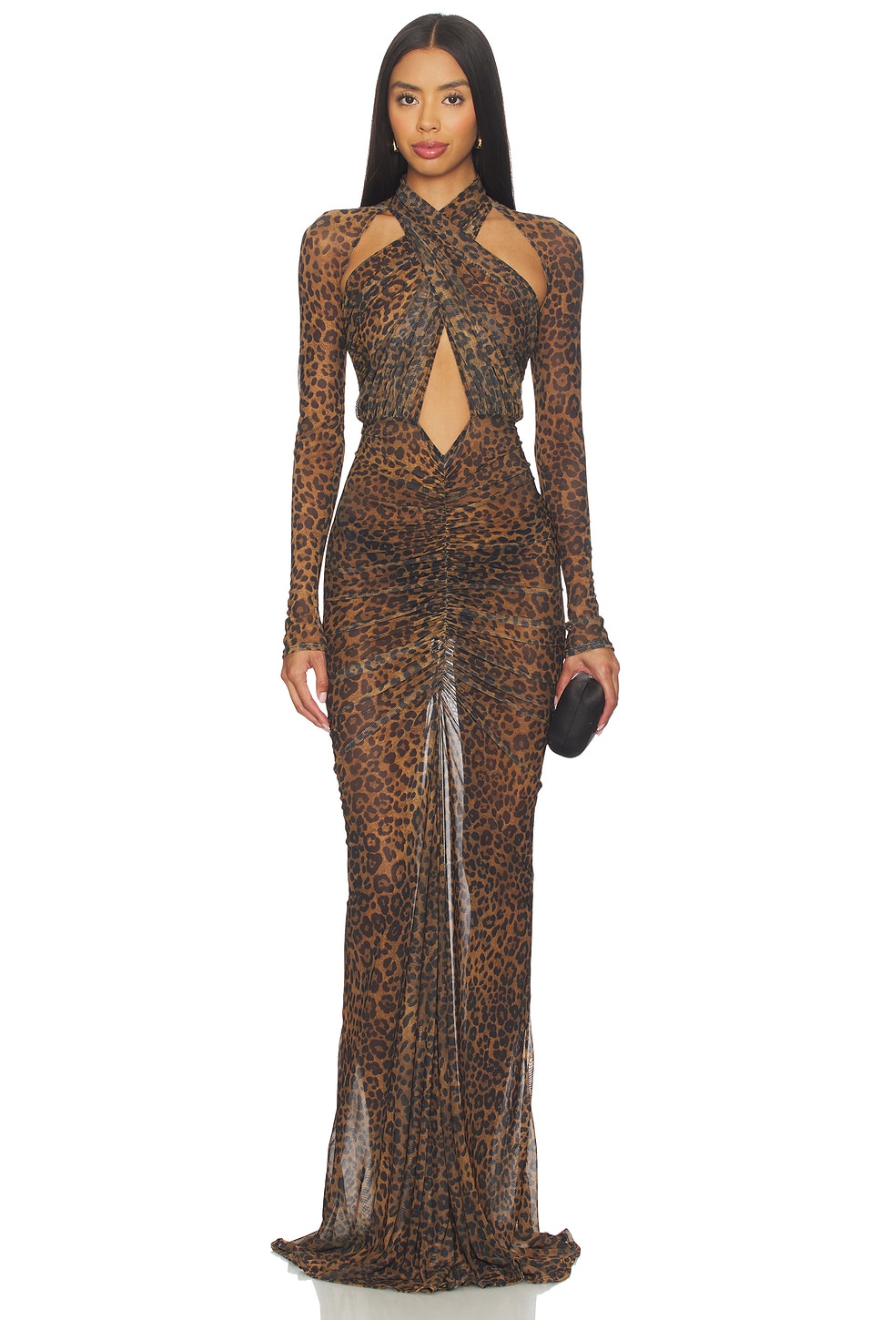 LaPointe Printed Mesh Halter Ruched Gown in Leopard
