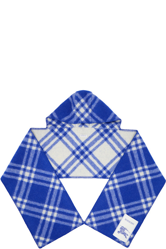 Blue Check Wool Hooded Scarf