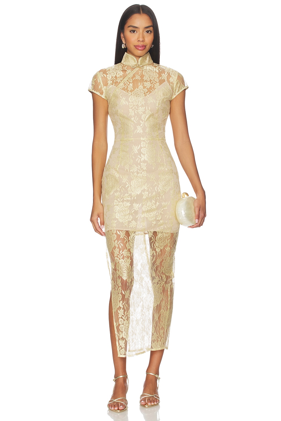 SAU LEE Malia Lace Dress in Light Gold