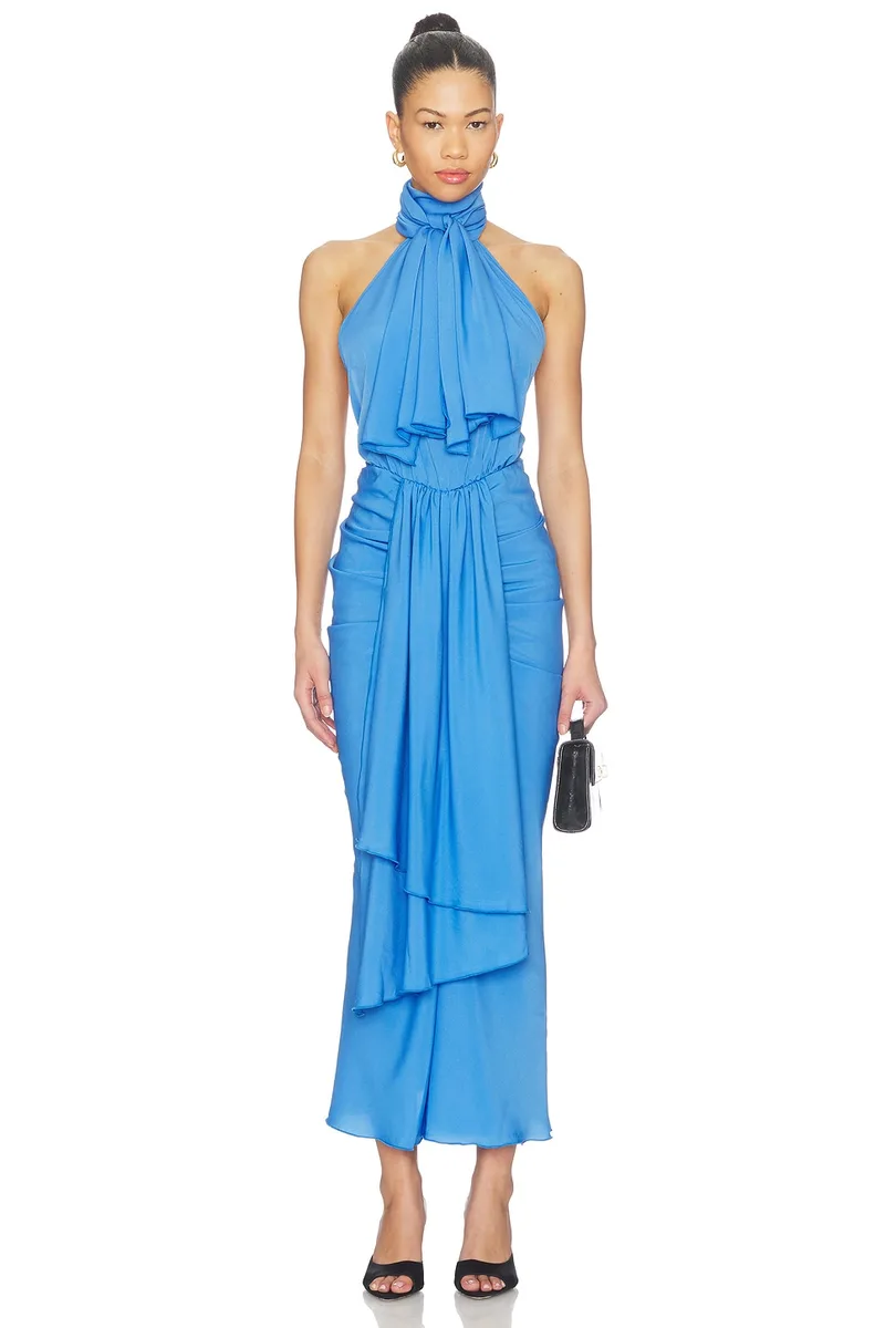 Rowen Rose Bow Neck Maxi Dress in Blue