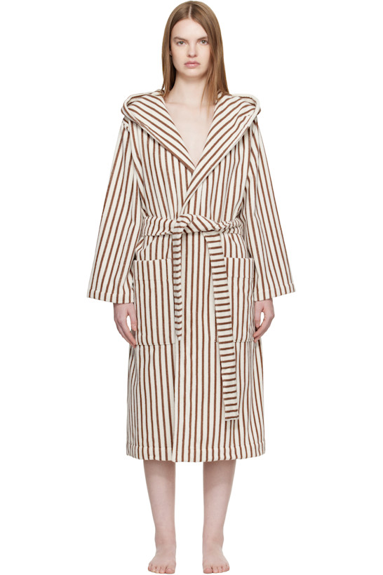 Off White & Brown Terry Hooded Bathrobe