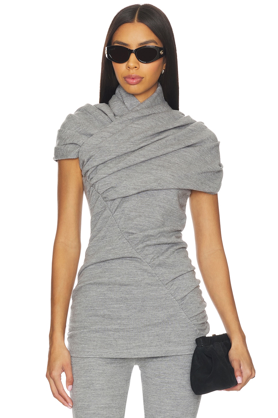 BALMAIN Short Sleeve Draped Top in Gris Chin? Clair