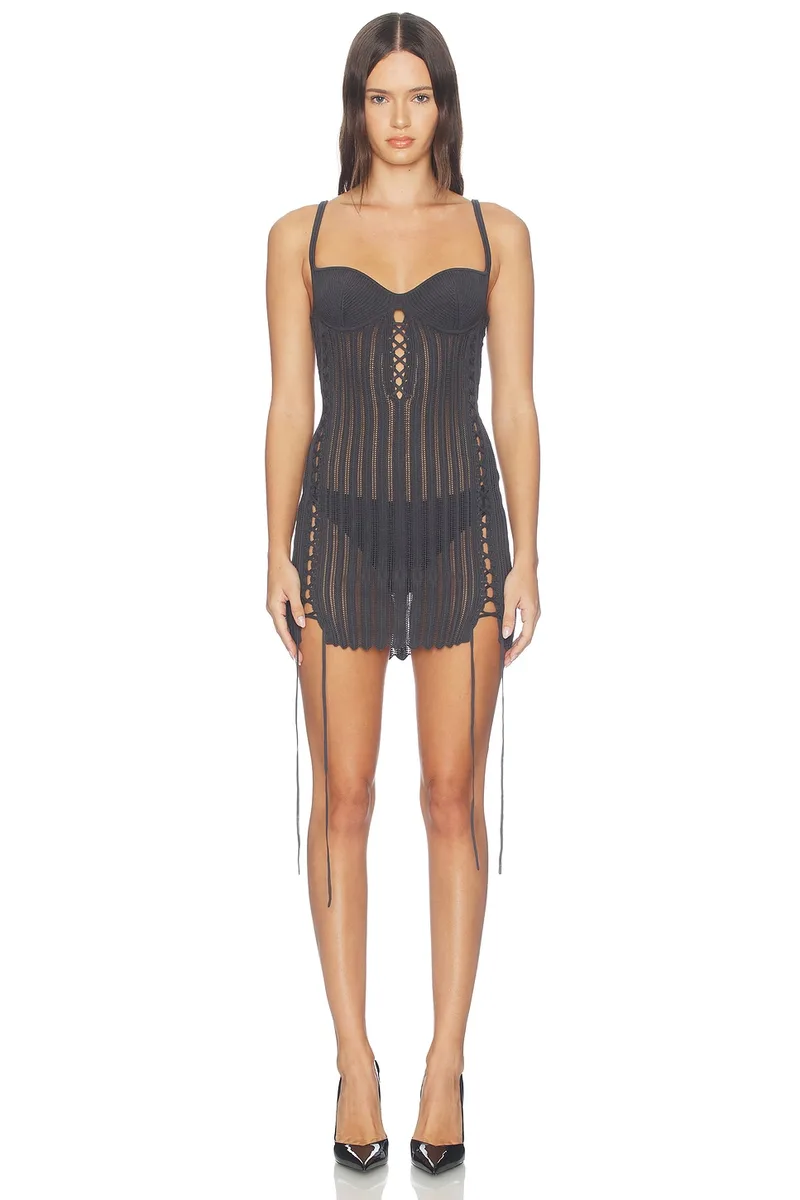 HAELO Laced Chevron Layered Mini Dress in Grey
