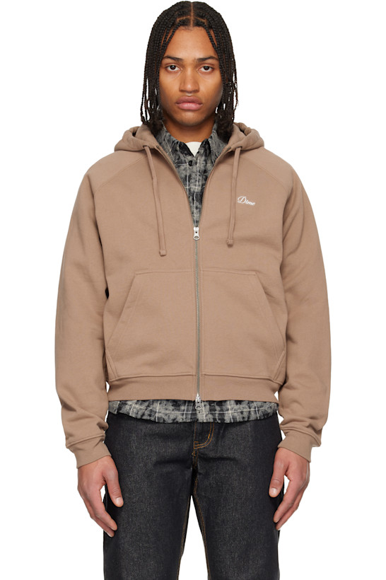 Taupe Cursive Small Logo Zip Hoodie