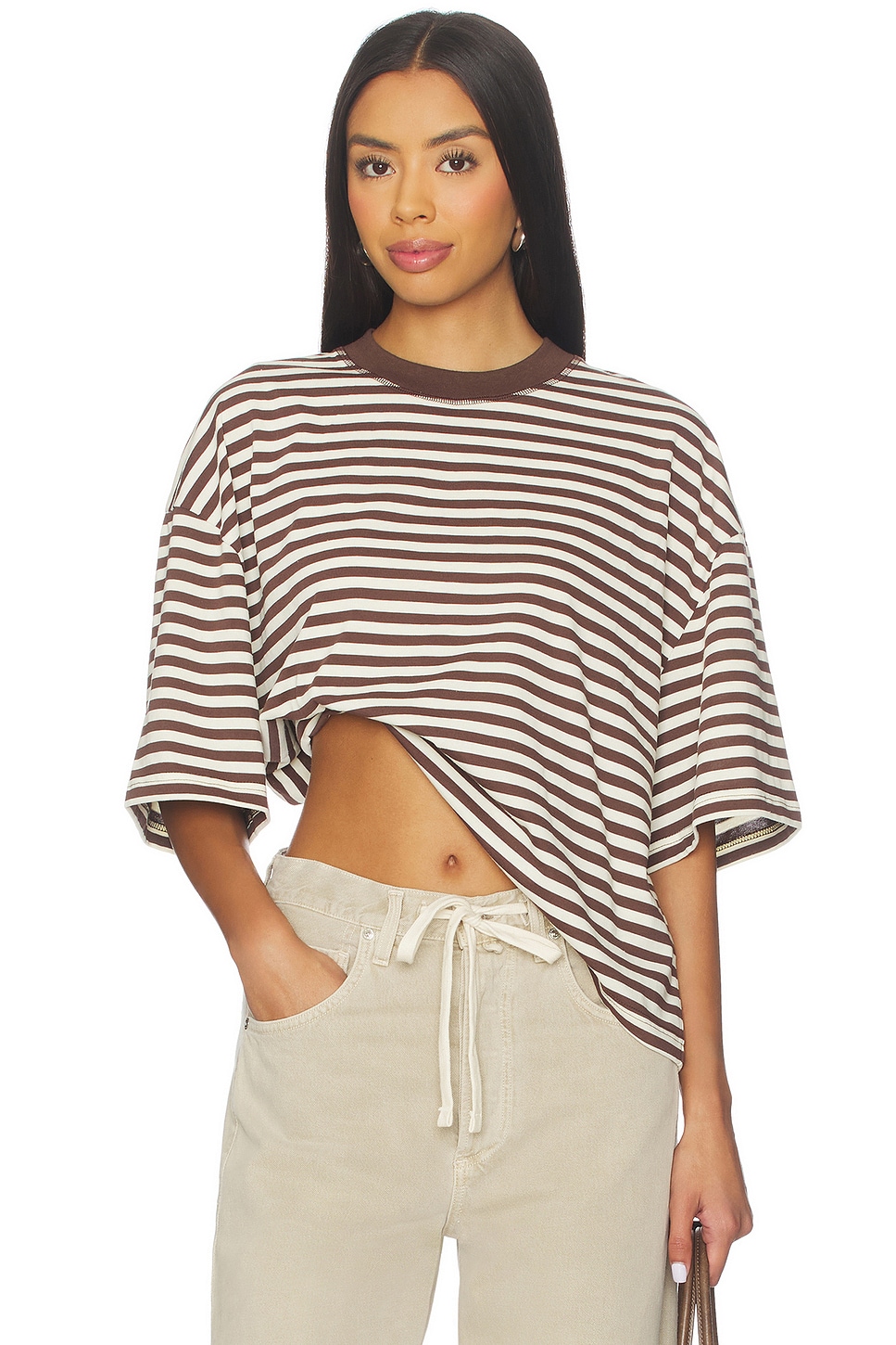 LIONESS Bloom Short Sleeve Tee in Dark Chocolate Stripe