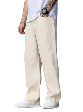 Casual Wide Leg Pants, Cream Cotton, Relaxed Fit, Straight Cut, Comfortable