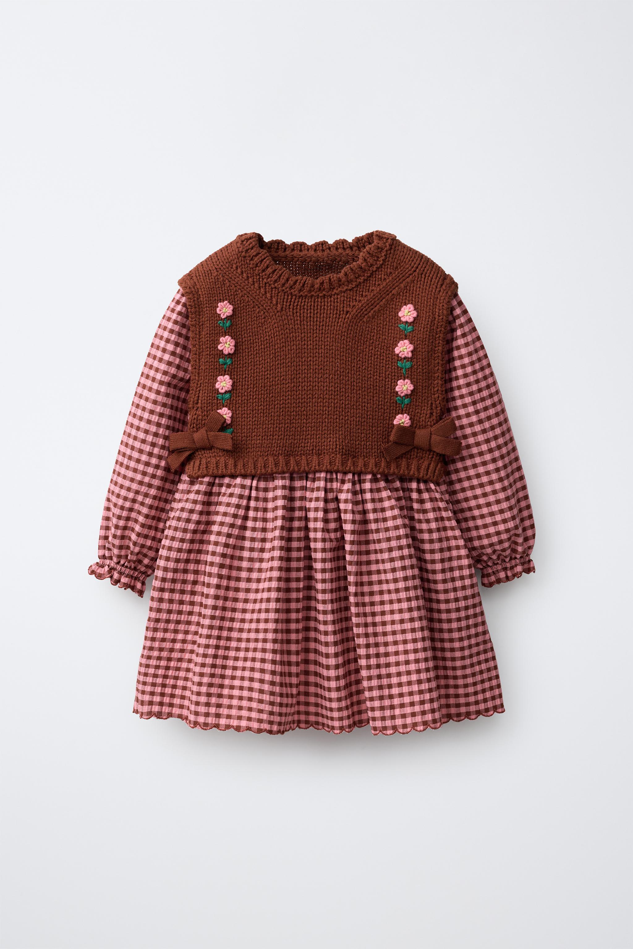 GINGHAM COMBINATION DRESS WITH EMBROIDERED FLOWERS