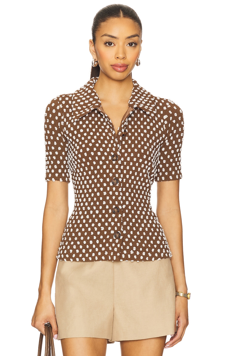 Maude Club TEDDY 숏슬리브 탑 in Brown & White