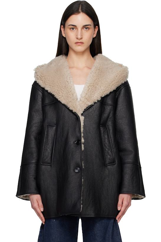 Black Hooded Shearling Parka Jacket